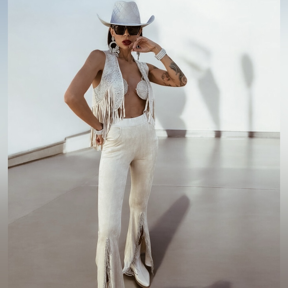 Western Suede Bell Bottom Cowgirl Pants, Cowboy Carter Fringe Pants
